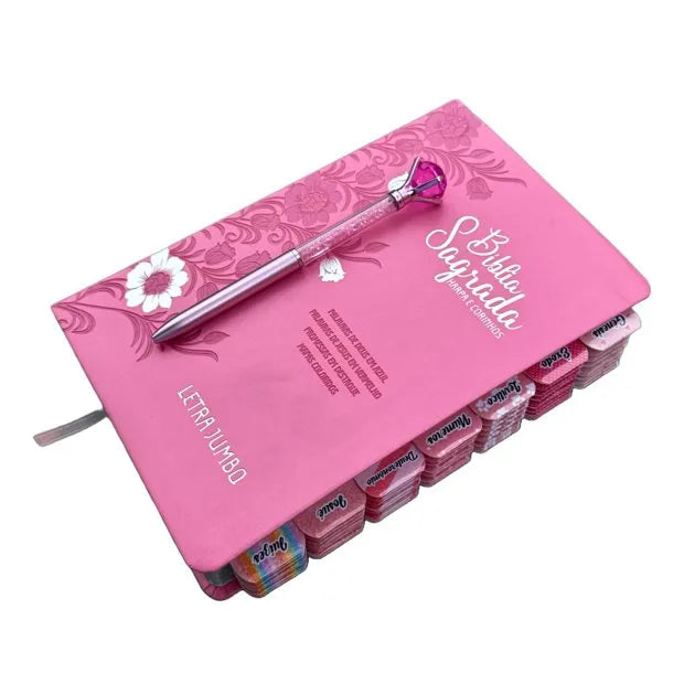 Bíblia Jumbo Floral Rosa Full Color com abas Colocadas ARC - Imagem 3