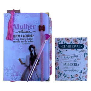 Kit Bíblia Mulher Virtuosa com Abas adesivas capa dura ARC + devocional + caneta + marca páginas